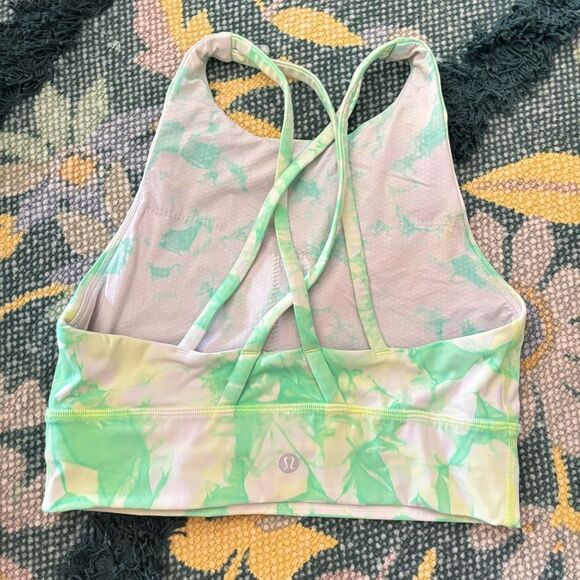 lululemon Energy Bra High Neck Long Line Dual Shibori Green/Yellow Size 6 - Picture 2 of 3